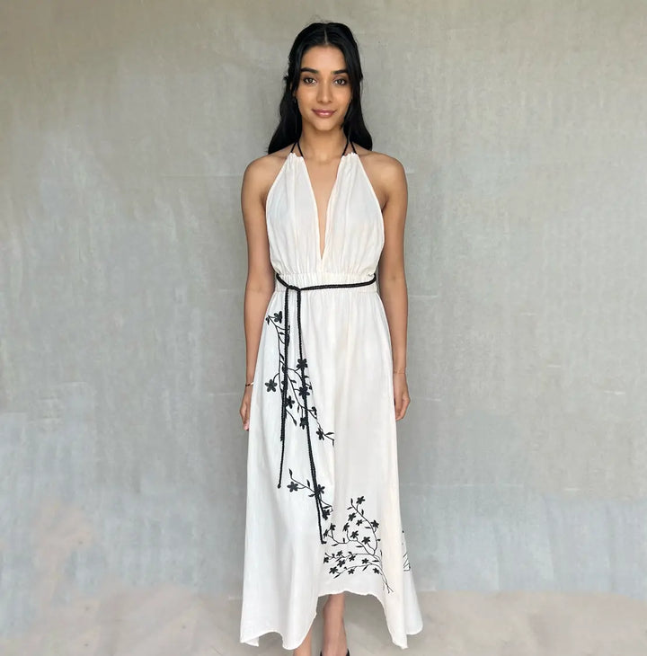 WS Georgina Linen embroidered Halter Dress - Pink & Black