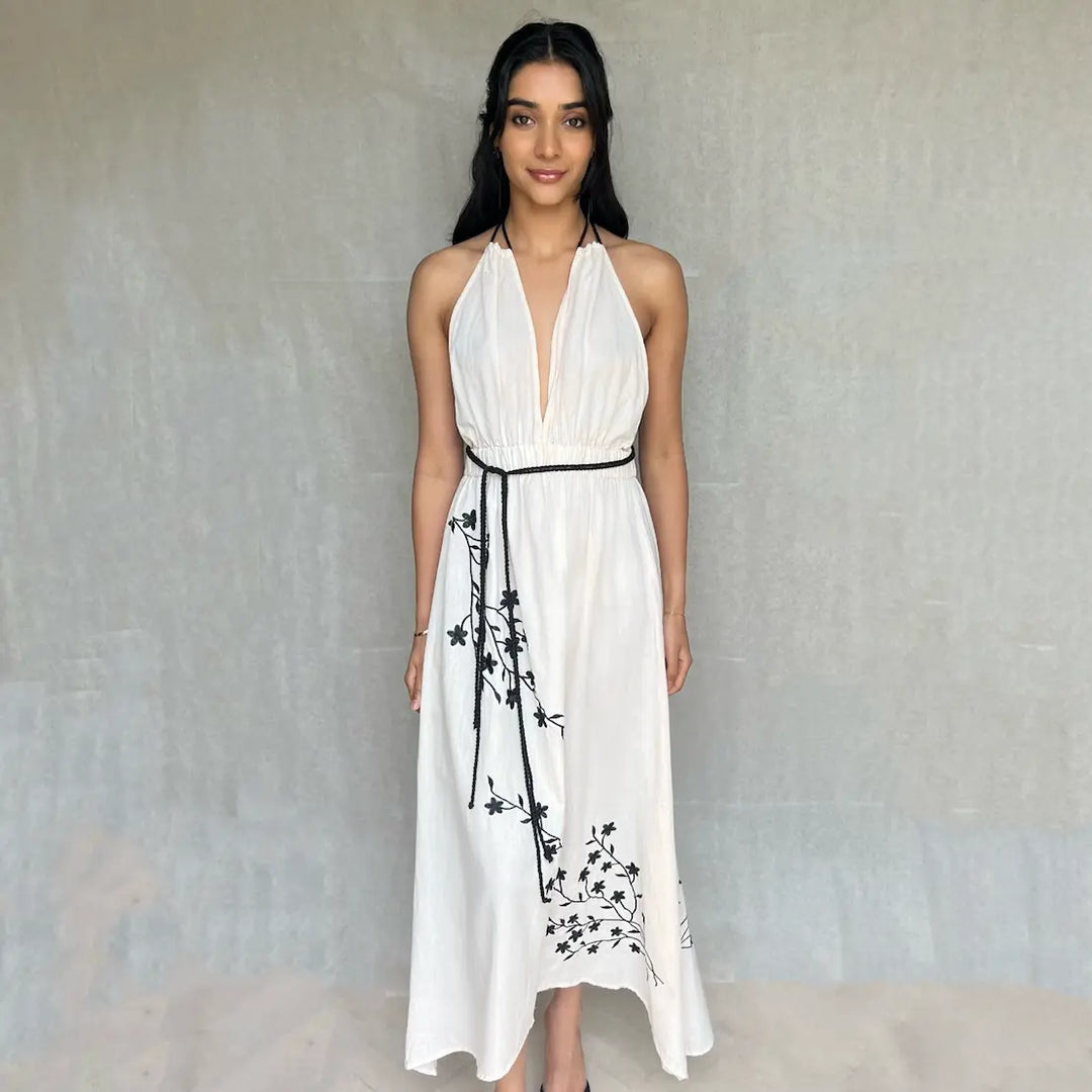 Georgina Linen embroidered Halter Dress - Pink & Black