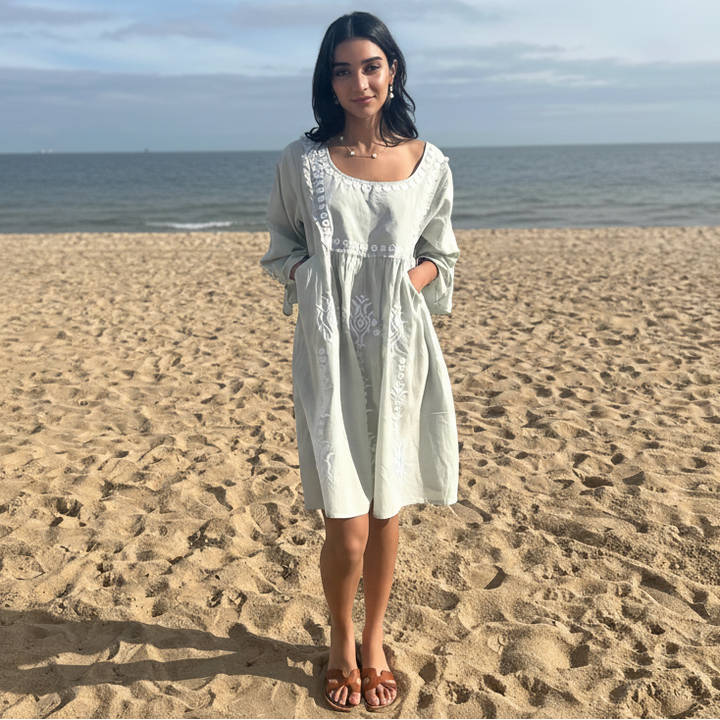 Gaia embroidered Dress in Sea Mist