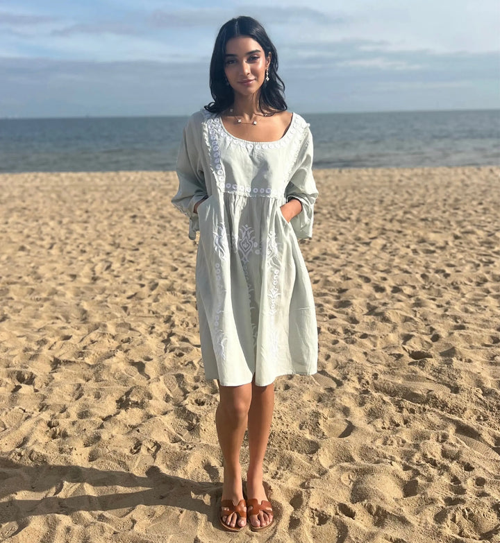 Gaia embroidered Dress in Sea Mist Tania Hird Designs