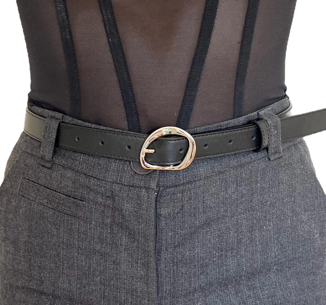 WS Geneva Black Leather Belt Silver 2.5cm