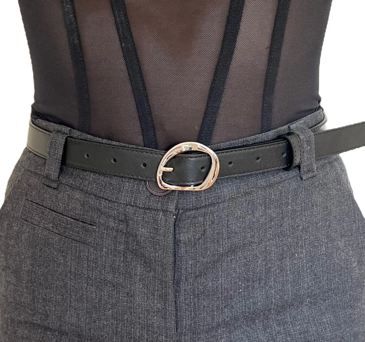 WS Geneva Black Leather Belt Silver 2.5cm