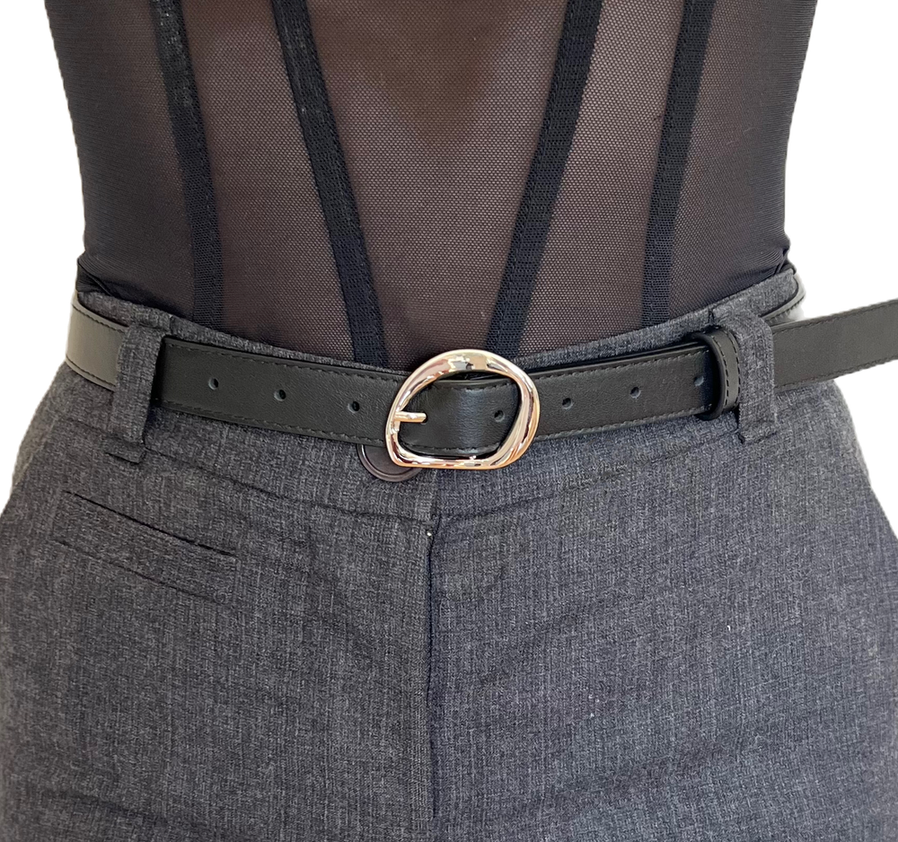 WS Geneva Black Leather Belt Silver 2.5cm
