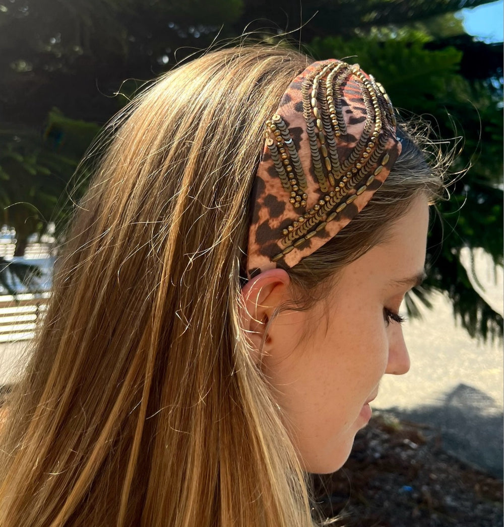 Headband - Sophia - Handbeaded Satin Structured headband in Leopard
