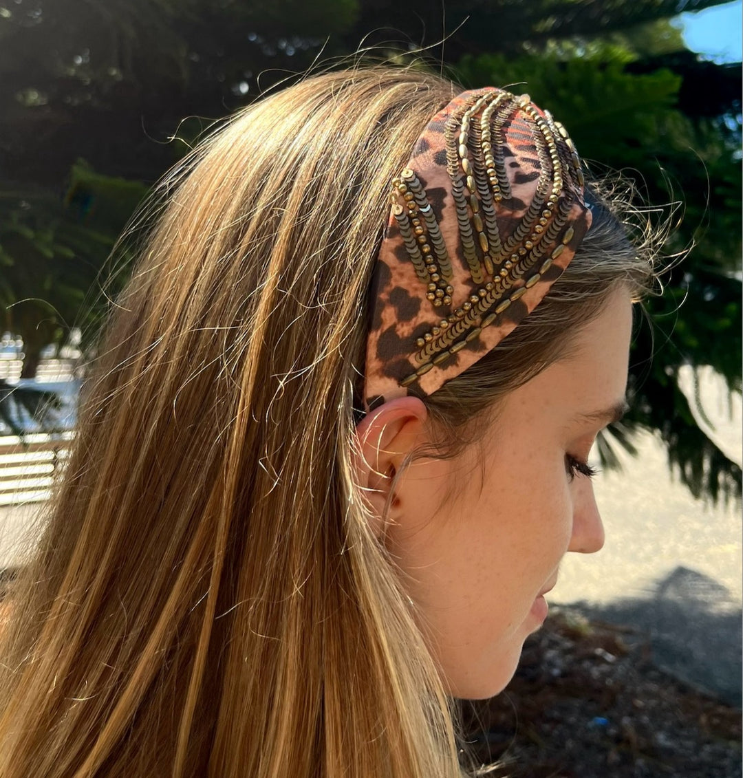 Headband - Sophia - Handbeaded Satin Structured headband in Leopard