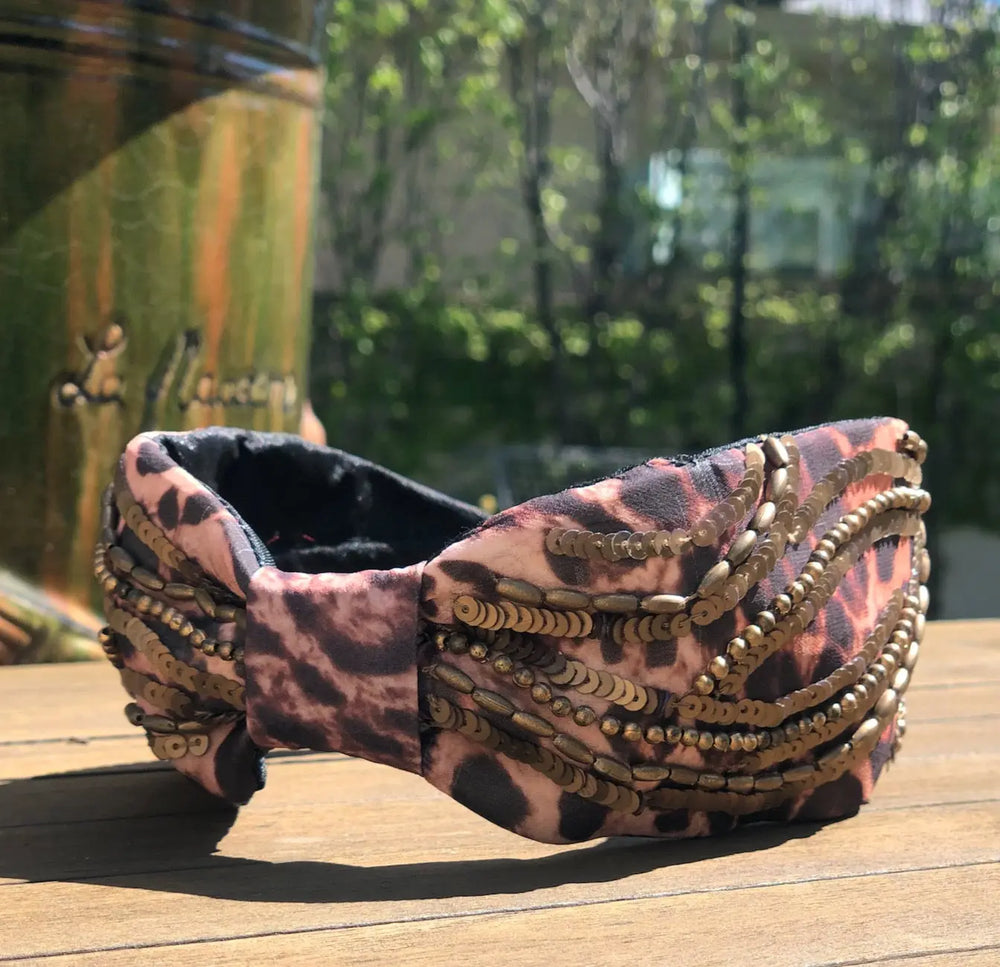 Headband - Sophia - Handbeaded Satin Structured headband in Leopard