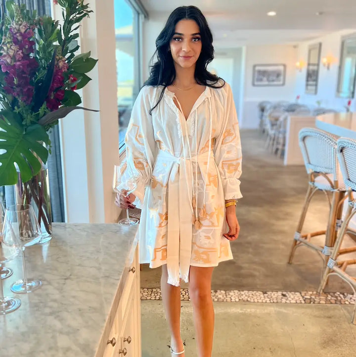 'Aurelie' Dress in linen with brushed Gold & White embroidery