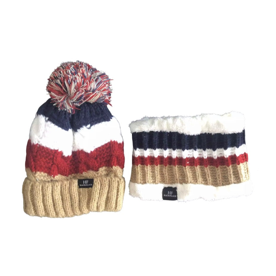 WS - KIDS Beanie &  Scarf - Stripe Taupe 3-10yr