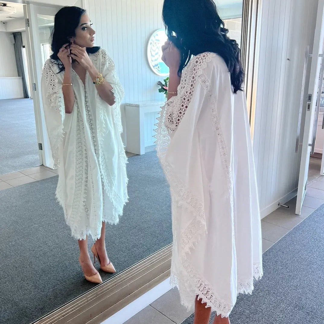 WS Celine Cotton & Lace Dress in White - White - Image 3