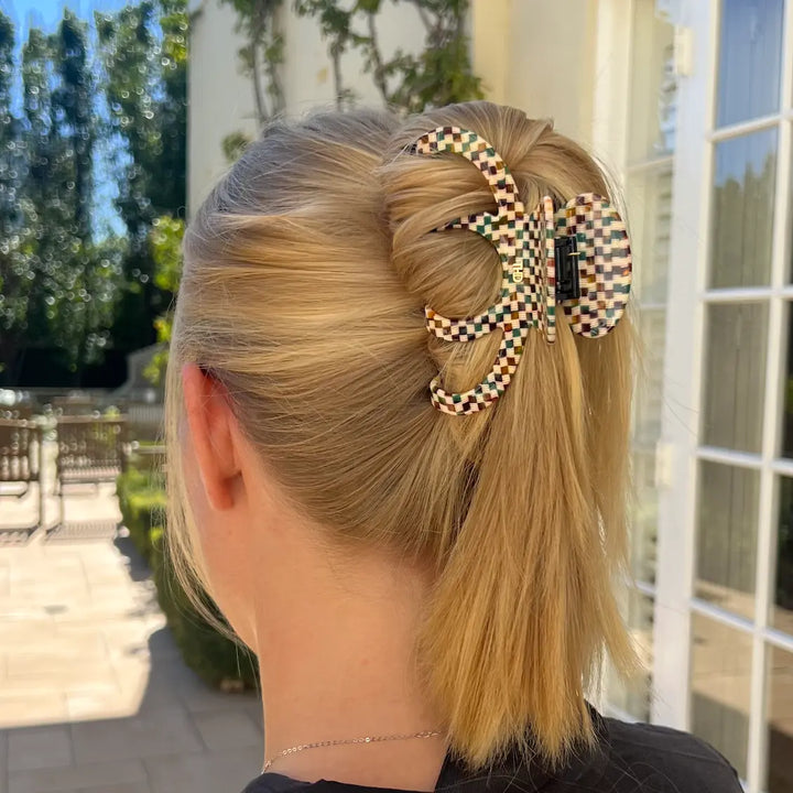 Octopus Acetate Hair Claw in Green Gold Check