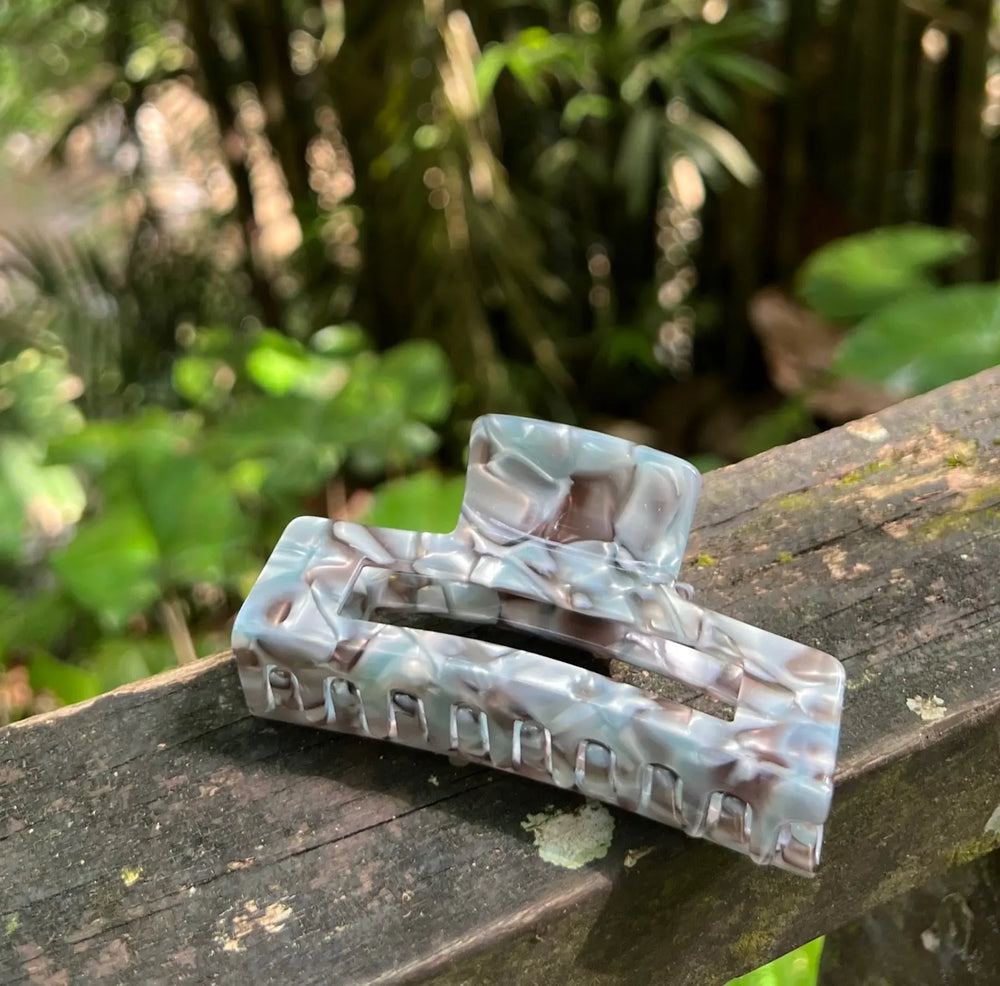 Premium Large Rectangular Acetate Claw - Silver marble