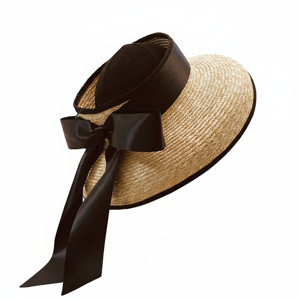 Hepburn 100% Wheat Straw Open Hat with Black Ribbon Tie in Natural