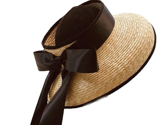 WS - Hepburn 100% Wheat Straw Open Hat with Black Satin Ribbon Tie - Natural Tania Hird Designs