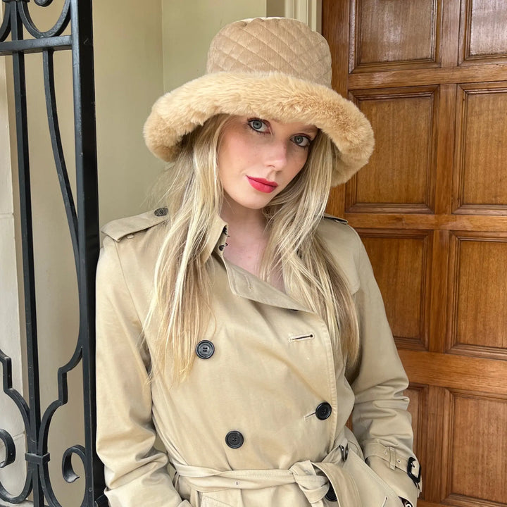 WS Quilted Faux Fur Bucket Hat - Fawn/Beige