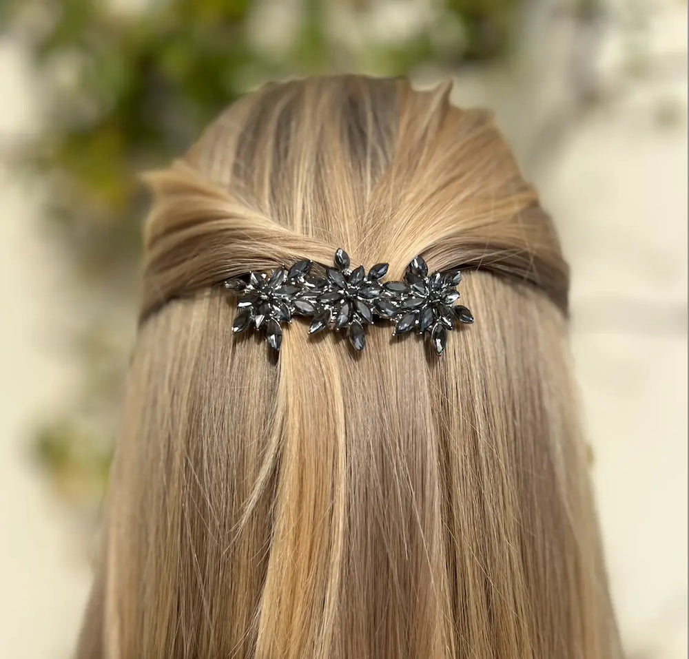 Flower Crystal Barrette - Grey