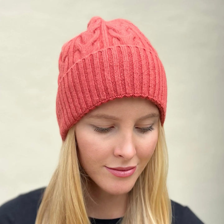 WS- Cable wool knitted beanie - Coral