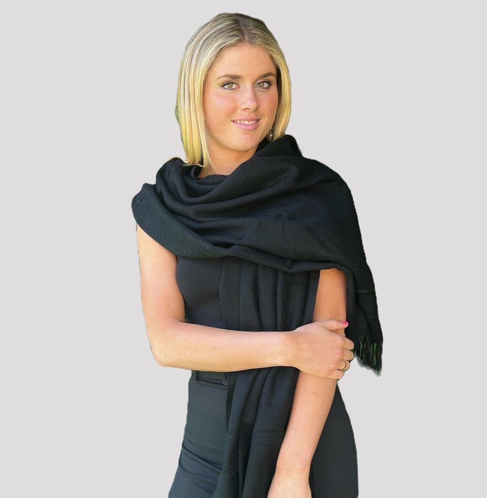 Premium Virgin 100% Wool Blanket Scarf- Black
