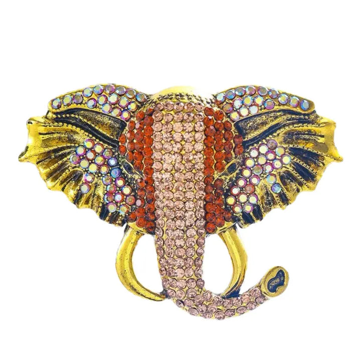 Decorative elephant head with multicolored gemstones on a white background