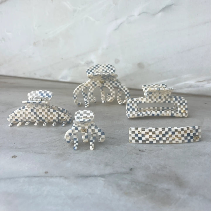WS -  Acetate Medium Octopus Hair Claw in Blue / White check Paros