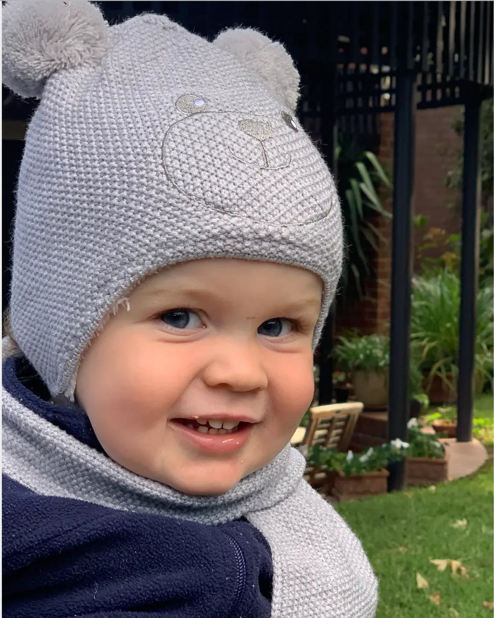 KIDS Beanie knitted Grey Bear & Scarf -  3m-4yrs