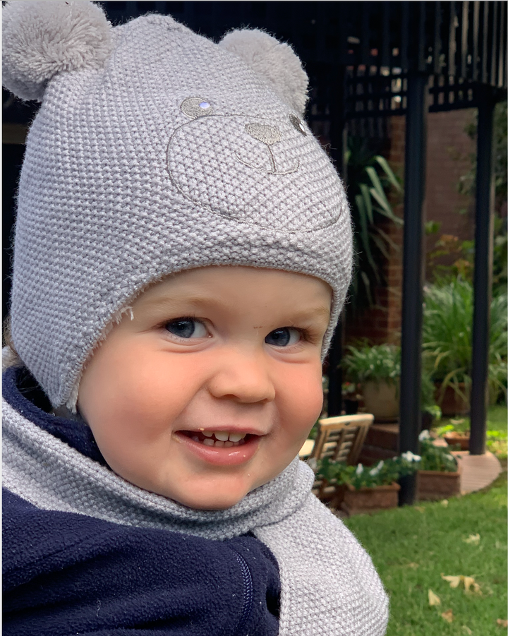 KIDS Beanie knitted Grey Bear & Scarf -  3m-4yrs
