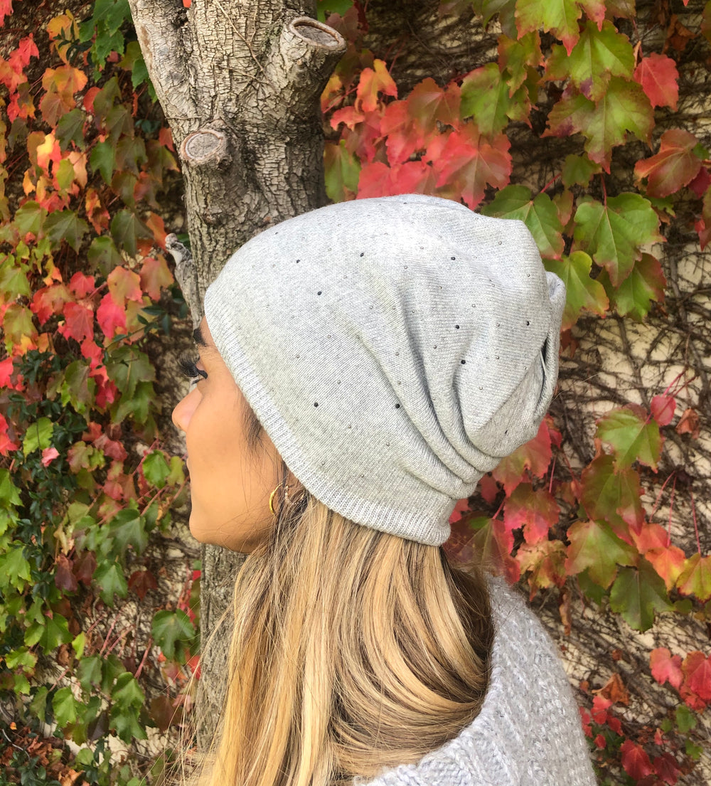 Premium Cashmere Blend Beanie; Crystals- Light Grey