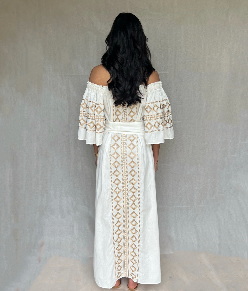 WS Olympia Off- shoulder Linen embroidered Dress
