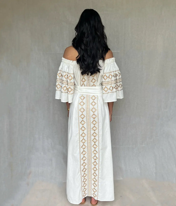 Olympia Off- shoulder Linen embroidered Dress