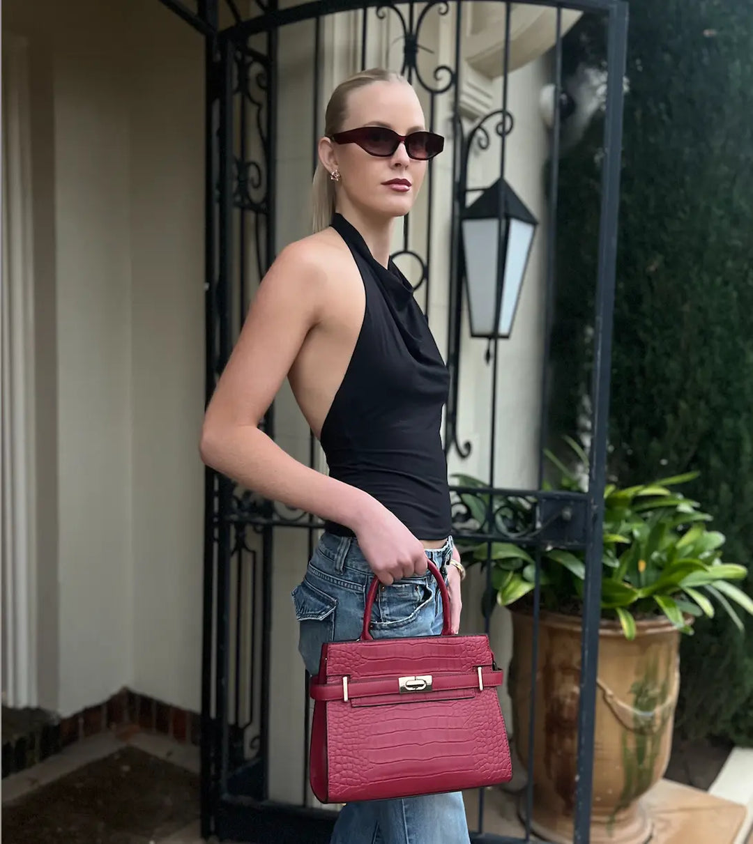 Alexandra Medium Cowhide Croc Tote Bag - Burgundy