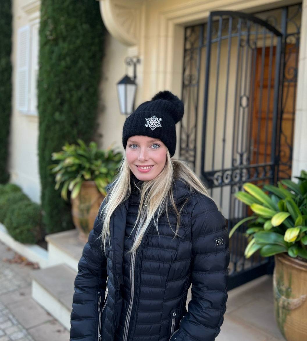 Beanie -70% Angora with PomPom & Snowflake-Black