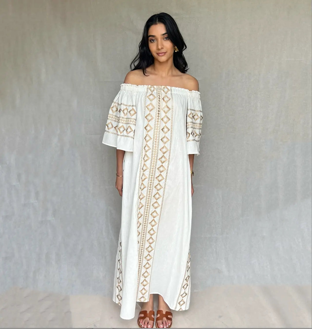 Olympia Off- shoulder Linen embroidered Dress