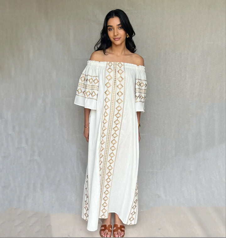 Olympia Off- shoulder Linen embroidered Dress