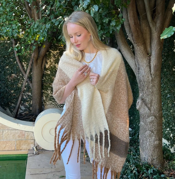 Oversized Cuddly Blanket Scarf in Off-white, Camels, and Browns