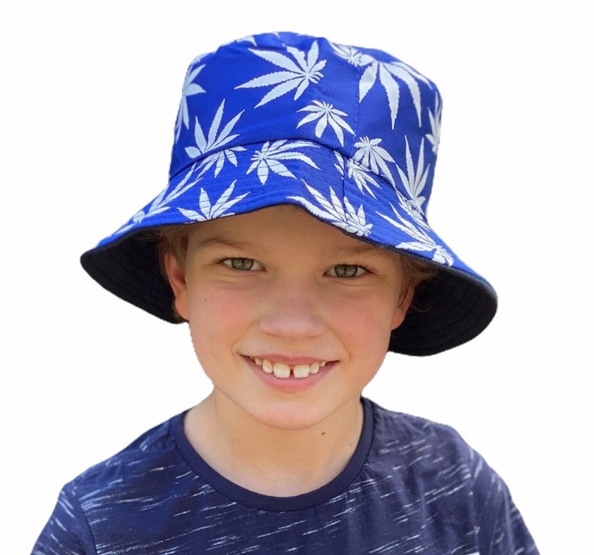 Bucket Hat - reversible- Blue Palm/Black 6-adult