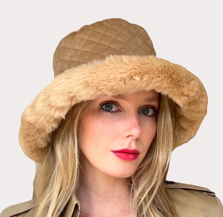 Quilted Faux Fur Bucket Hat - Fawn