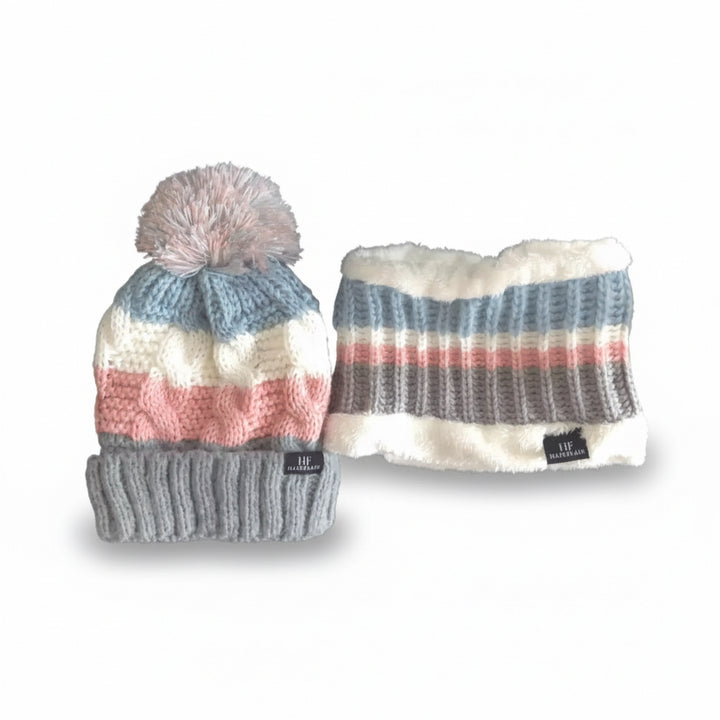 KIDS Beanie & Scarf - Stripe Pink 3-10yr