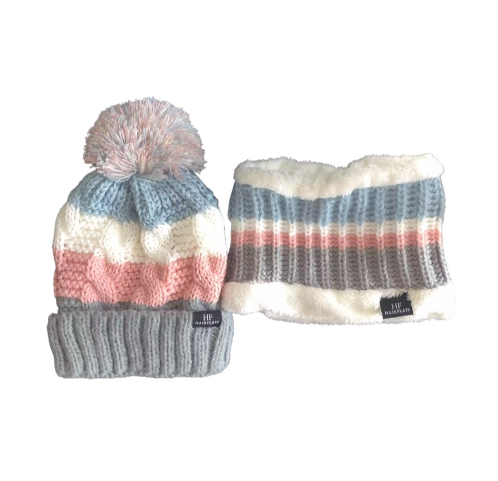 KIDS Beanie & Scarf - Stripe Pink 3-10yr