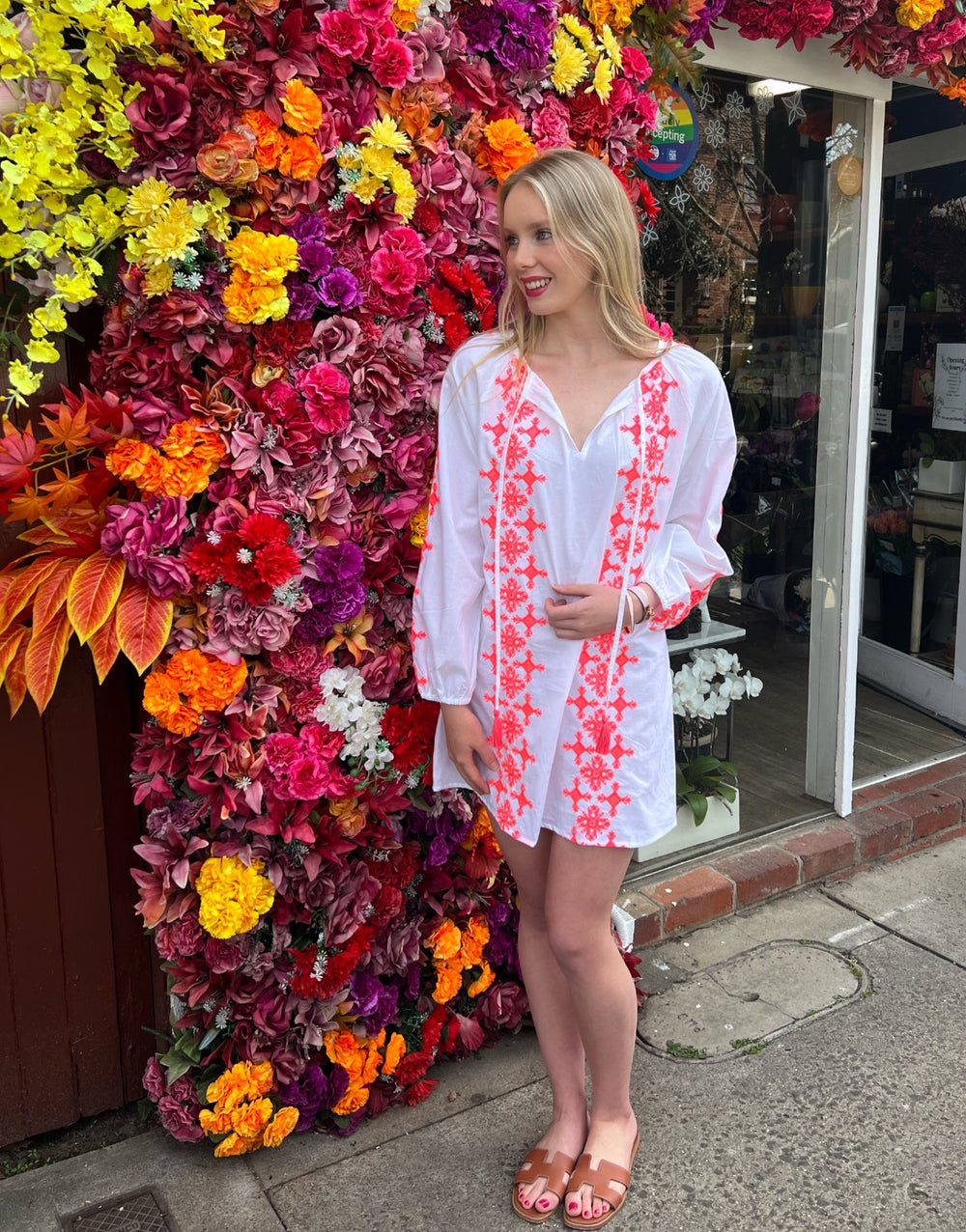 WS 'Ikaria' Embroidered Cotton Dress in Neon Pink - Long