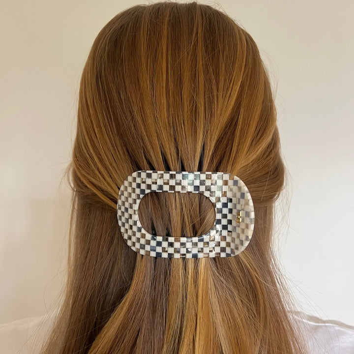 WS Acetate Flat Hair Claw in Paros White/Blue Check