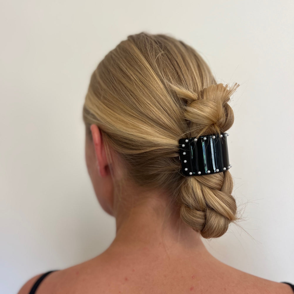 WS Oversized curved Barrette - black with pearls 757953171294