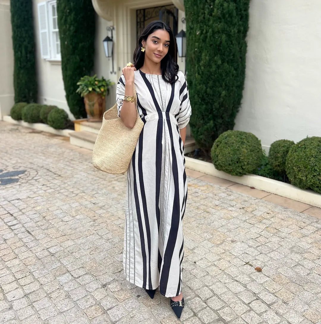 Jasmine Tailored Linen embroidered Dress - Black & White