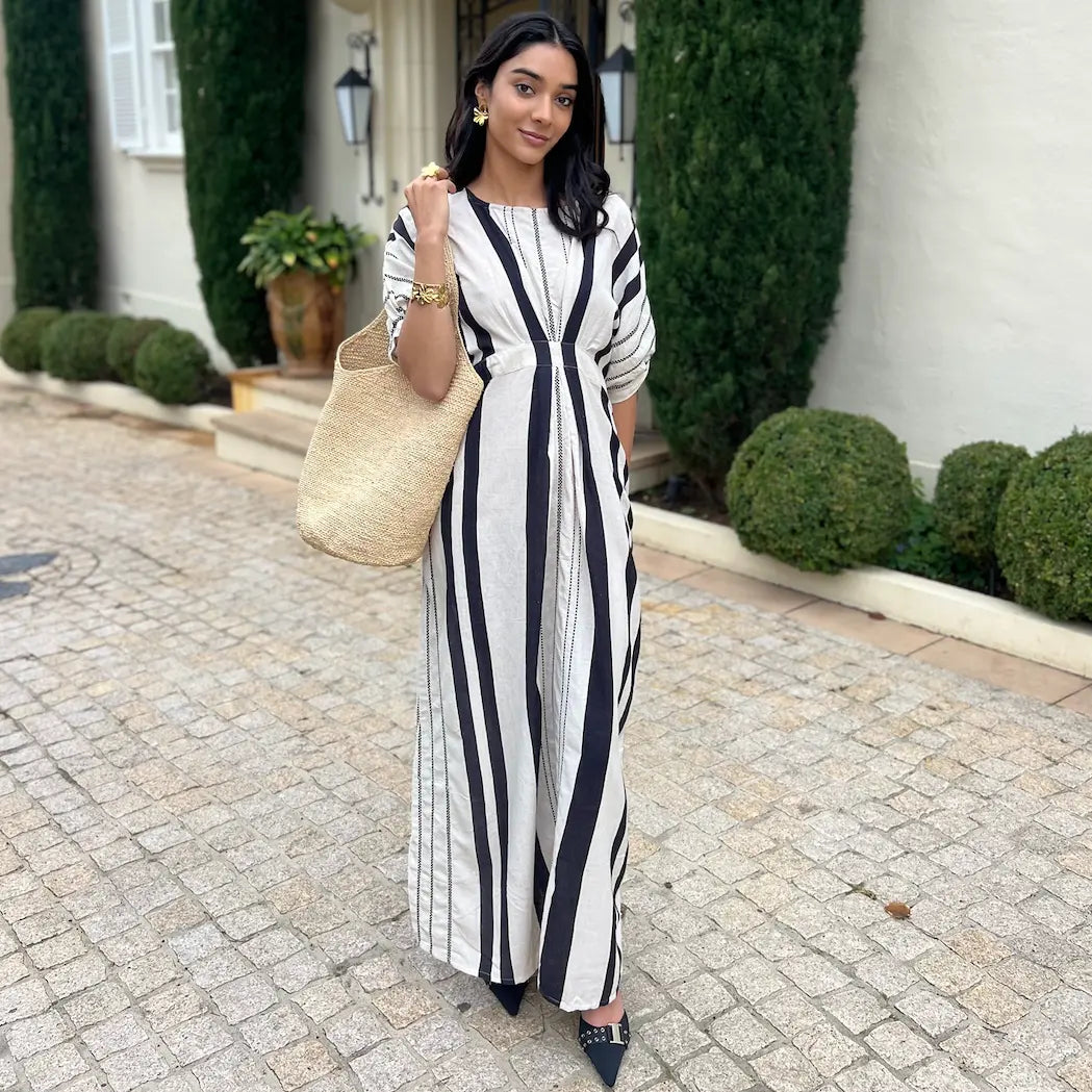 Jasmine Tailored Linen embroidered Dress - Black & White