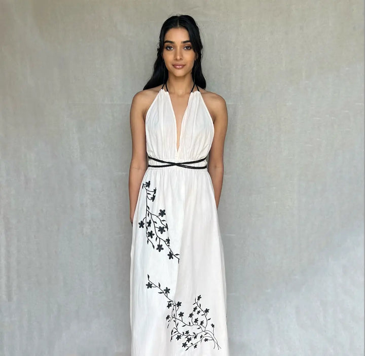 Georgina Linen embroidered Halter Dress - Pink & Black