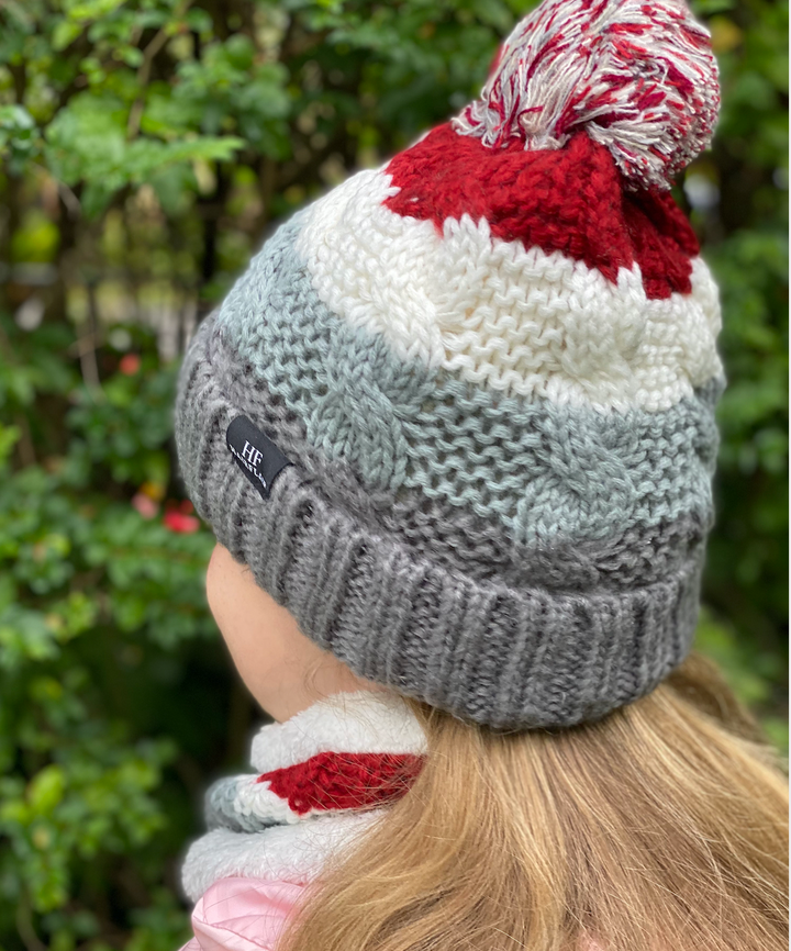 KIDS Beanie & Scarf - Unisex Stripe Grey  3-10yr