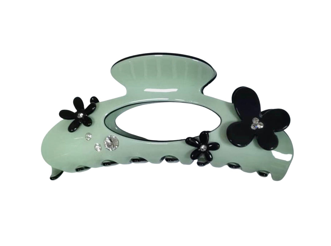 Premium Oversized Hairclaw with Swarovski Crystals &Flwrs - Green Ash