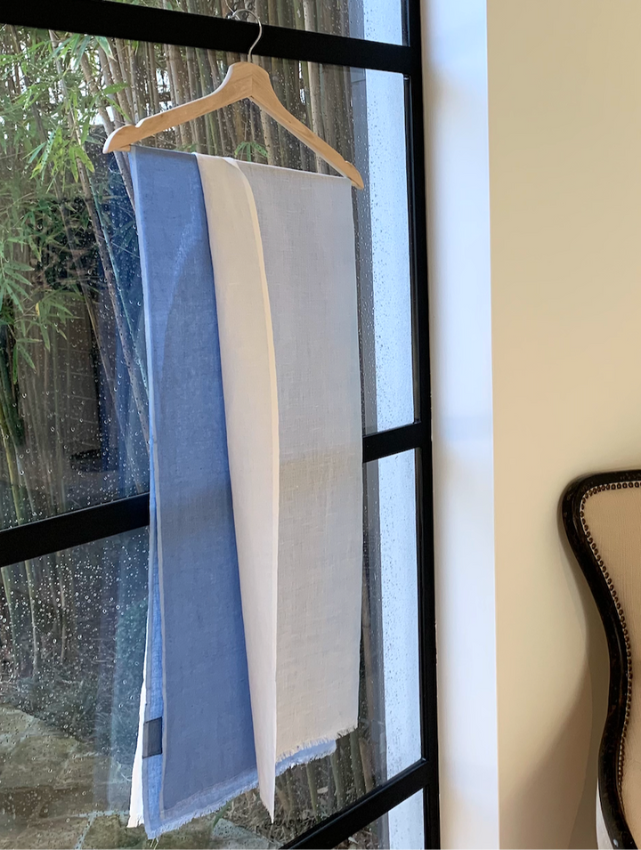 Linen Handwoven Ombre Scarf in Cerulean Blue/White