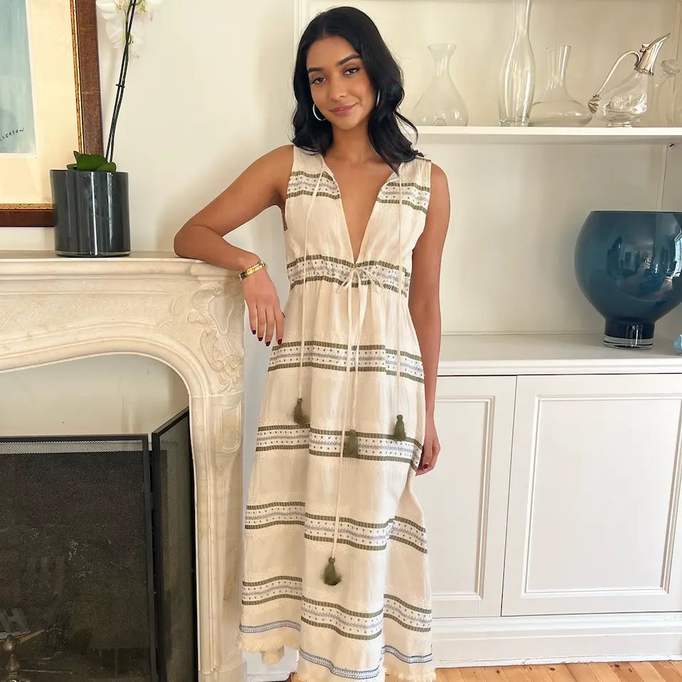 WS - Hermoine - Linen Embroidered Dress - Linen & Greens - Image 1