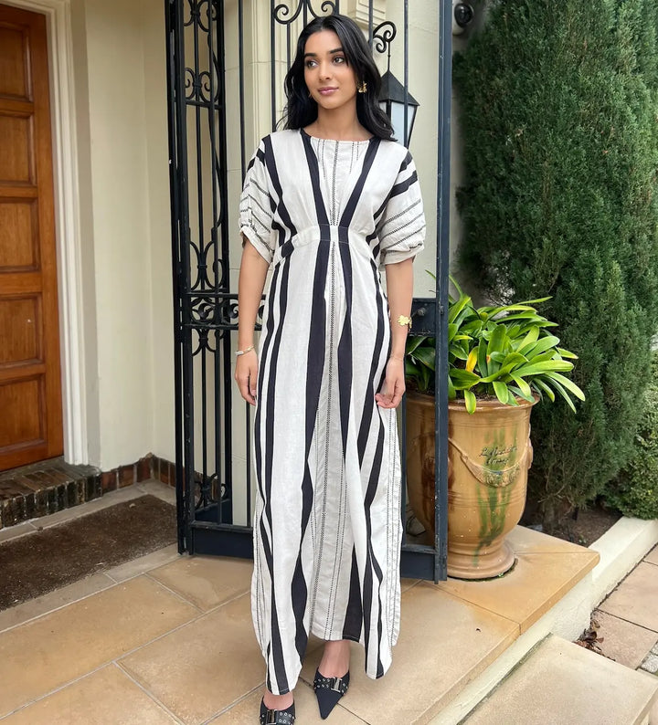 Jasmine Tailored Linen embroidered Dress - Black & White