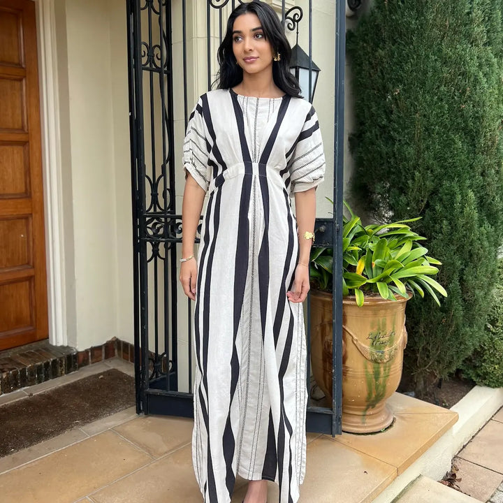Jasmine Tailored Linen embroidered Dress - Black & White