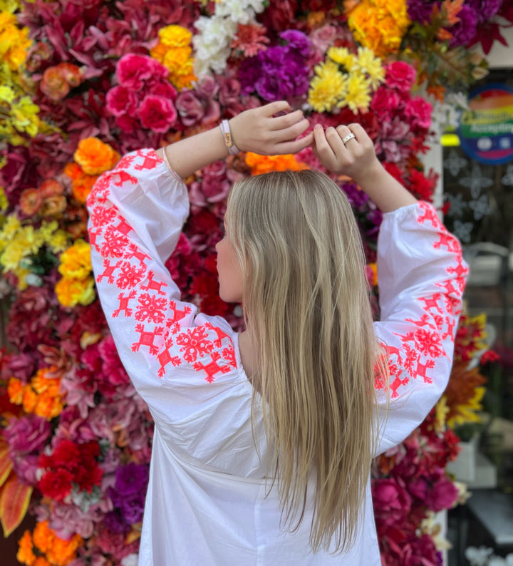 'Ikaria' Embroidered Cotton Dress in Neon Pink - Long
